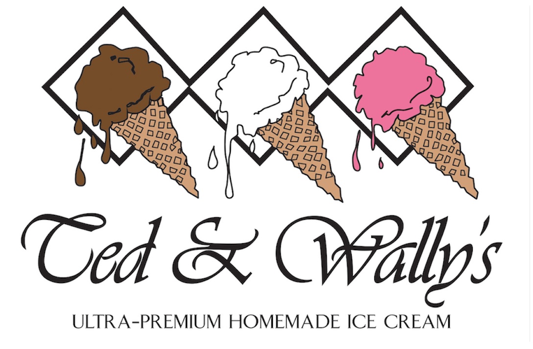 Logo for Ted & Wally's ice cream, featuring illustration of three ice cream cones